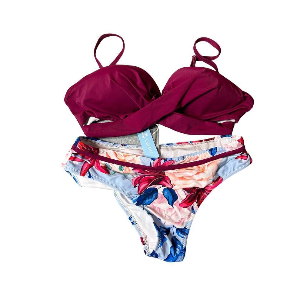 Cupshe Bikini Womens XS Burgundy Wrap Top Floral Bathing Suit Two Piece NEW‎
